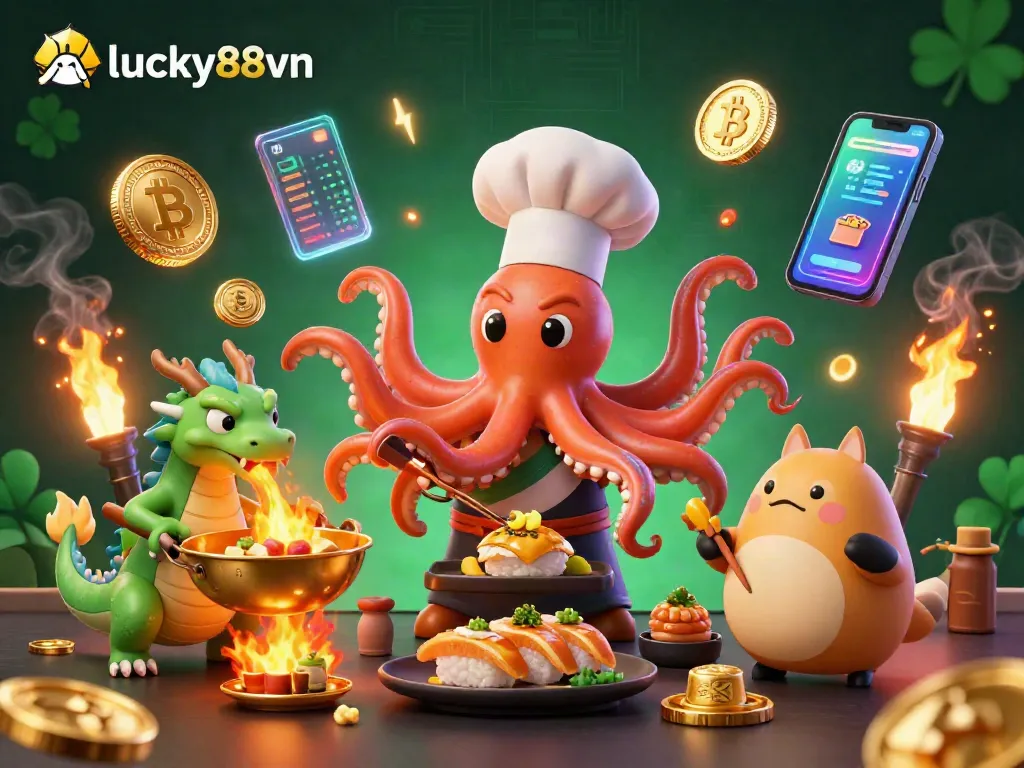 Engage with lucky88vn's vibrant scene featuring unique casino-themed characters and elements.