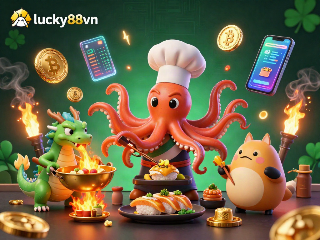 Engage with lucky88vn's vibrant scene featuring unique casino-themed characters and elements.