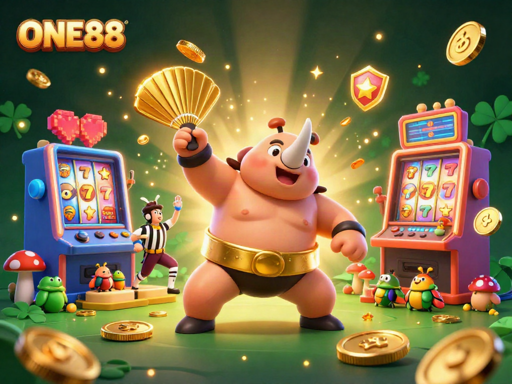 Engage with ONE88's vibrant casino experience featuring a sumo beetle champion amidst slot machines and golden coins.