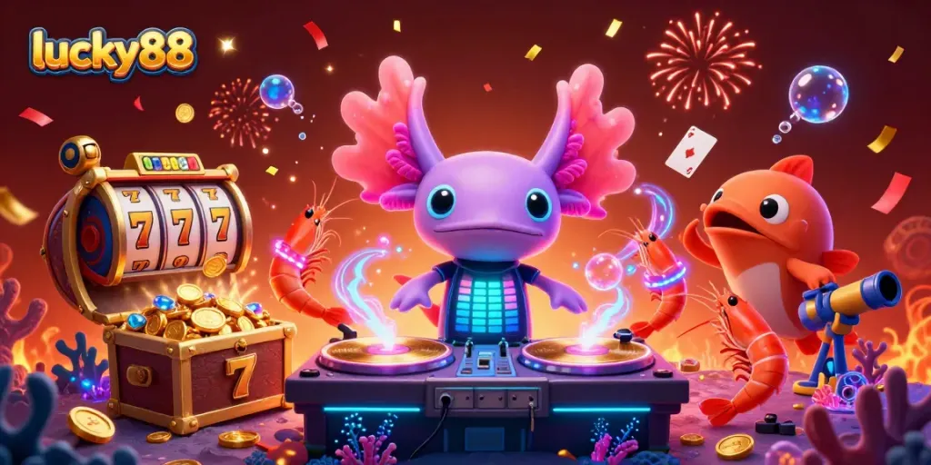 Engage with lucky88's vibrant and lively casino scene featuring a DJ axolotl and dynamic game symbols.