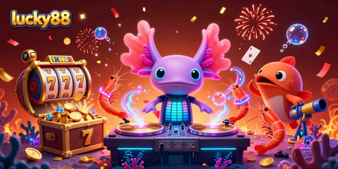 Engage with lucky88's vibrant and lively casino scene featuring a DJ axolotl and dynamic game symbols.