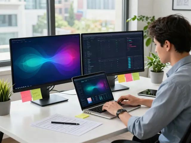 Marketing strategist examining instant indexing data on laptop in a vibrant workspace.