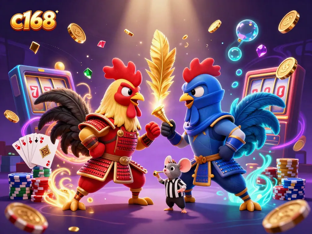 Witness the excitement of c168 with 3D fighting roosters and a vibrant casino backdrop.