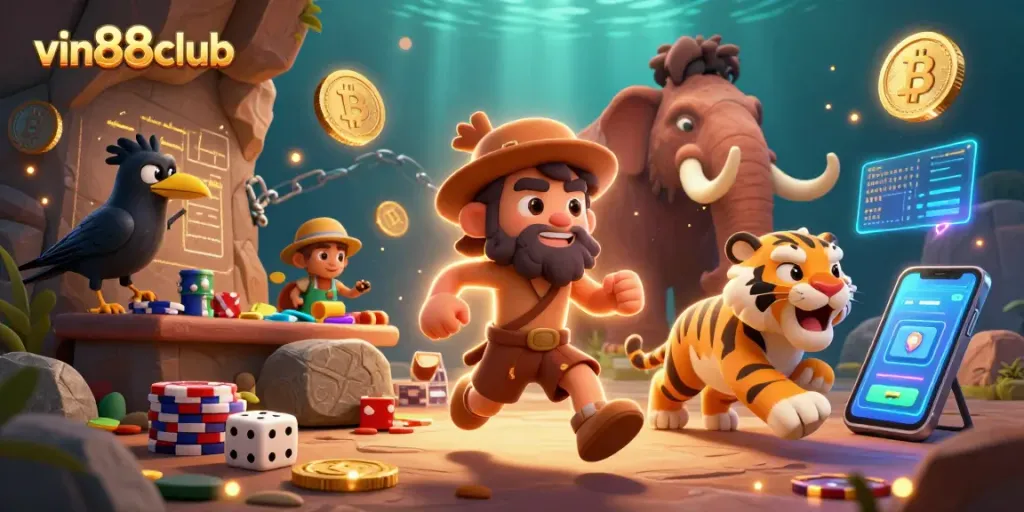 Experience thrilling gameplay at vin88club with prehistoric characters and vibrant casino elements.
