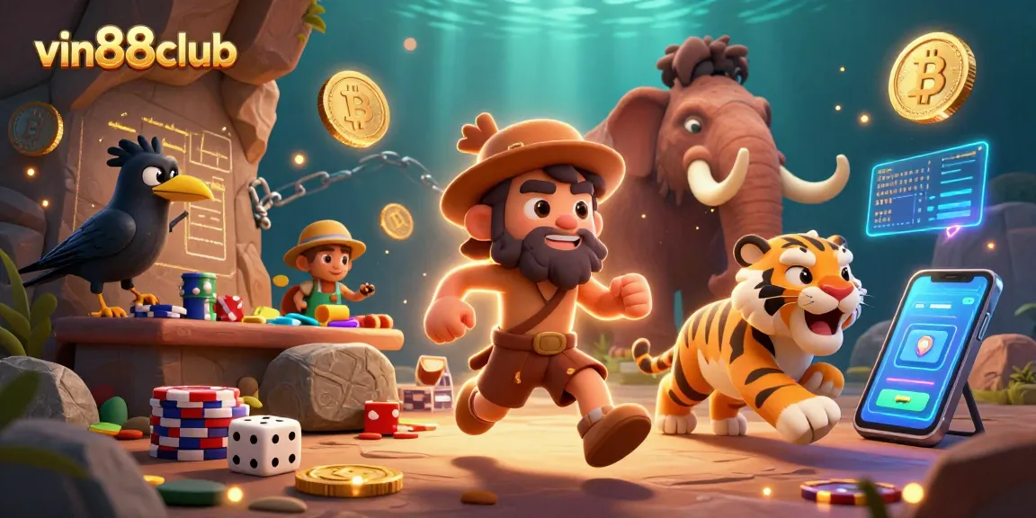 Experience thrilling gameplay at vin88club with prehistoric characters and vibrant casino elements.