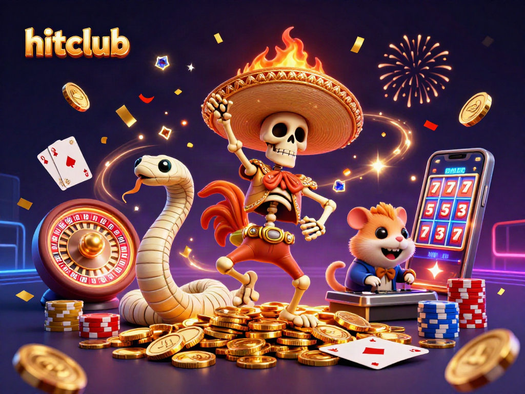 Win big at hitclub with energetic casino characters celebrating among cascading coins and jewels.