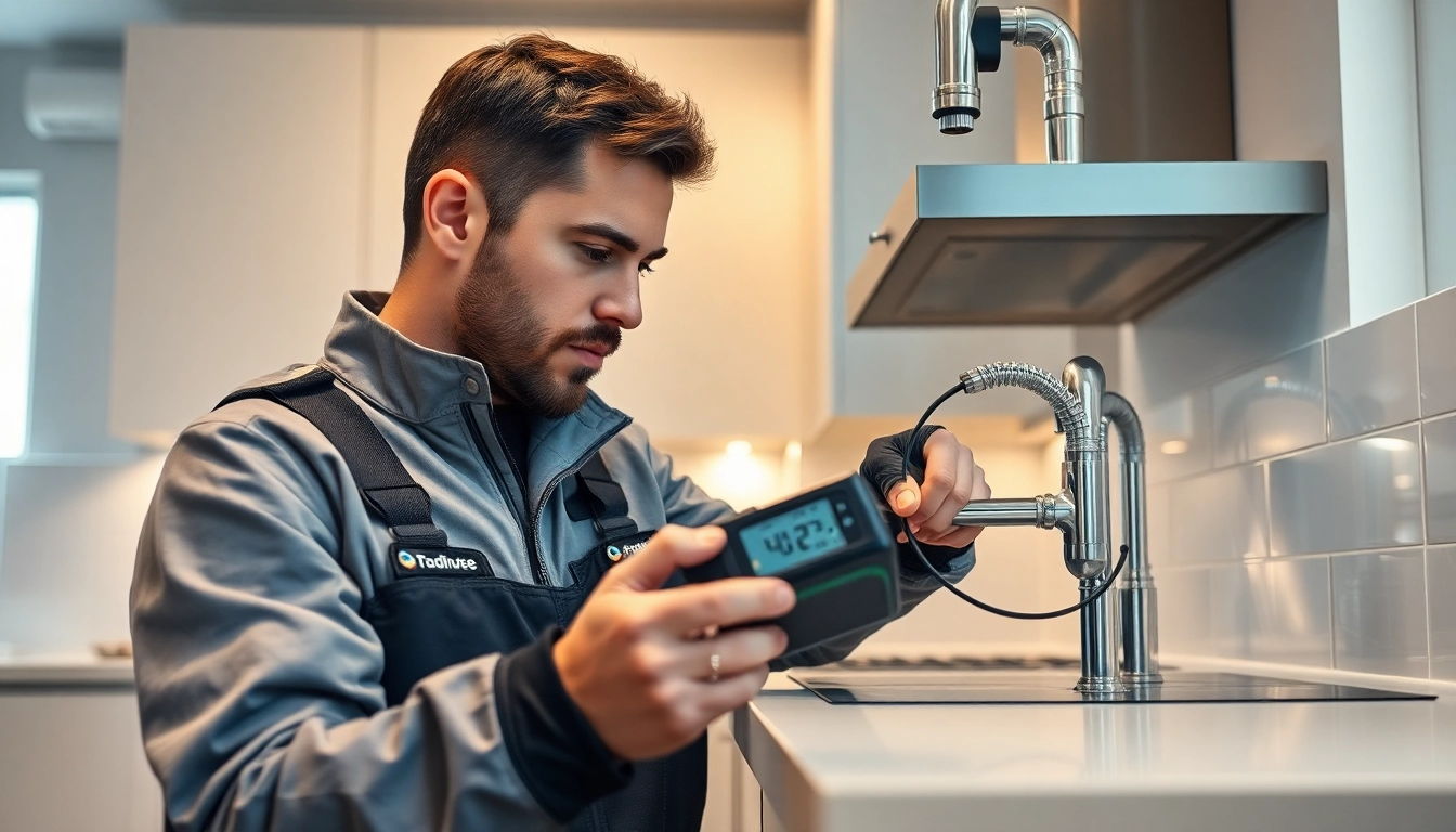 Leak Detection Specialist inspecting a pipe with advanced tools in a residential kitchen.