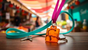 Stylish lanyard keychain displayed beautifully, featuring vibrant colors and acrylic charm.