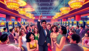 Guests celebrating a great job at a casino while playing slot machines.