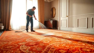Experience exceptional Lavaggio tappeto Milano with a professional expertly cleaning a vibrant carpet.