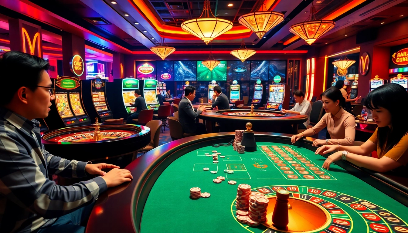 Experience CM88 in action with players enjoying gambling at roulette and blackjack tables, illuminated by vibrant casino lights.