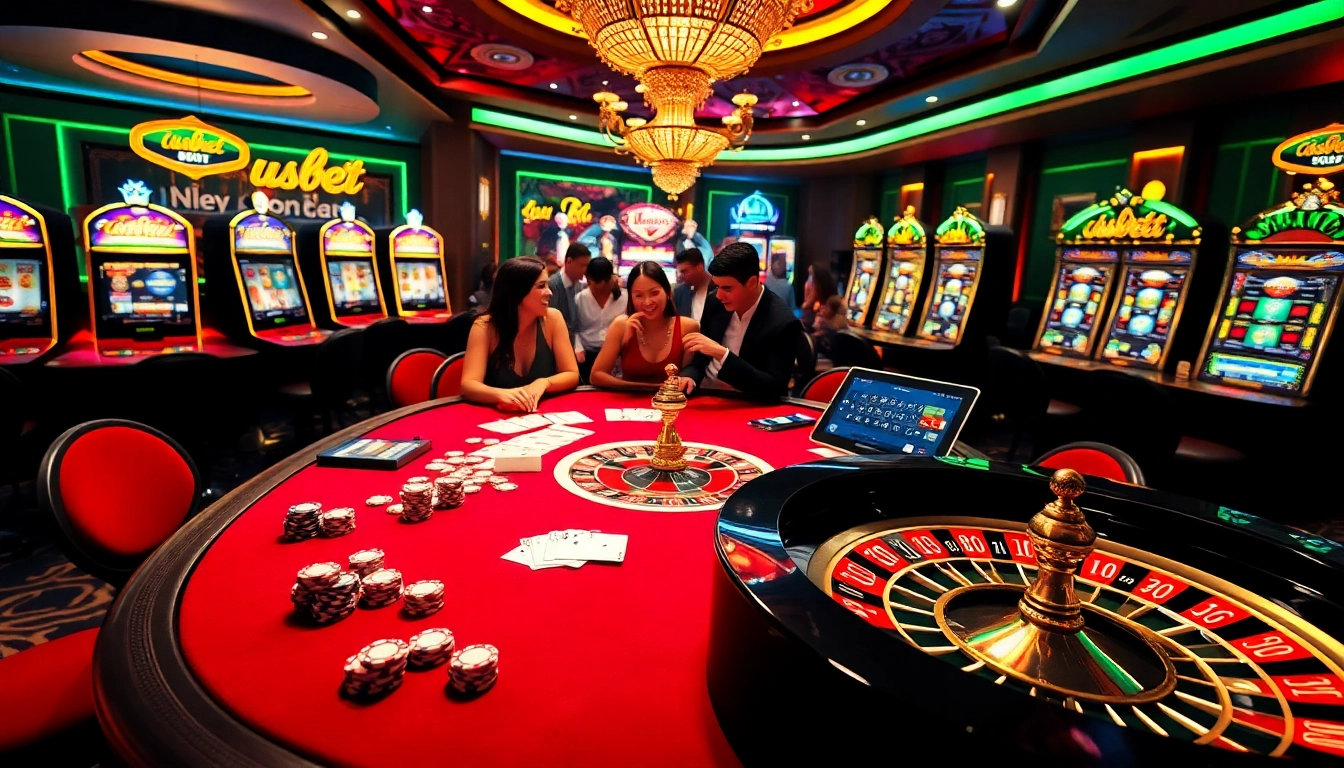 Join the action at usbet with a vibrant casino scene showcasing poker chips, cards, and roulette excitement.