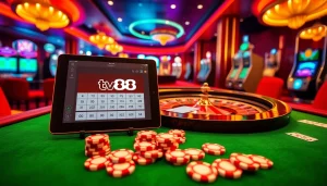 Experience the thrill of betting with tv88 in a luxurious casino setting featuring vibrant roulette tables and poker chips.