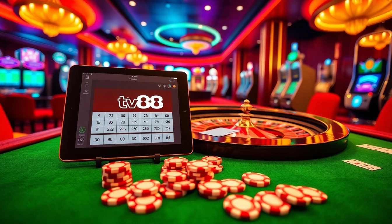 Experience the thrill of betting with tv88 in a luxurious casino setting featuring vibrant roulette tables and poker chips.