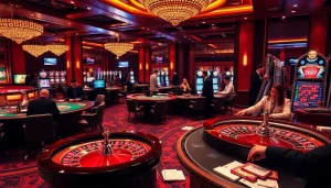 Gamblers enjoying the excitement of F168 at a luxury casino with tables, slots, and roulette.