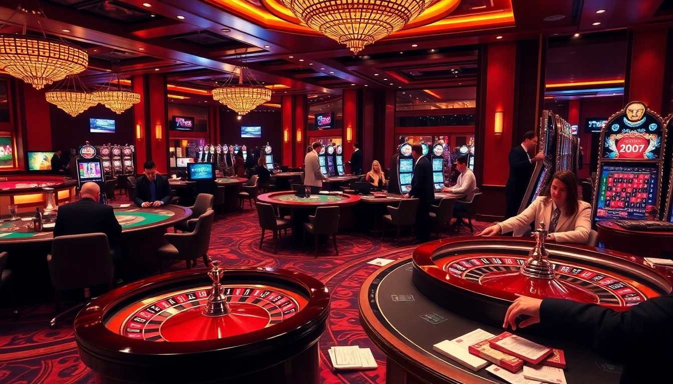 Gamblers enjoying the excitement of F168 at a luxury casino with tables, slots, and roulette.