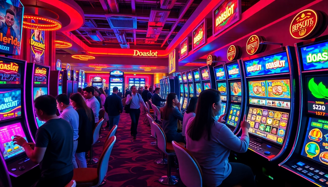 Experience the thrill of doaslot with modern slot machines illuminated by vibrant neon lights in an exciting casino.