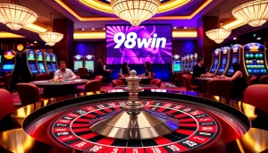 Experience thrilling gameplay at 98win's vibrant casino atmosphere, featuring roulette and poker excitement.