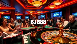 Experience the excitement of Trang Chủ BJ88 at a luxurious casino table, featuring poker chips and cards.