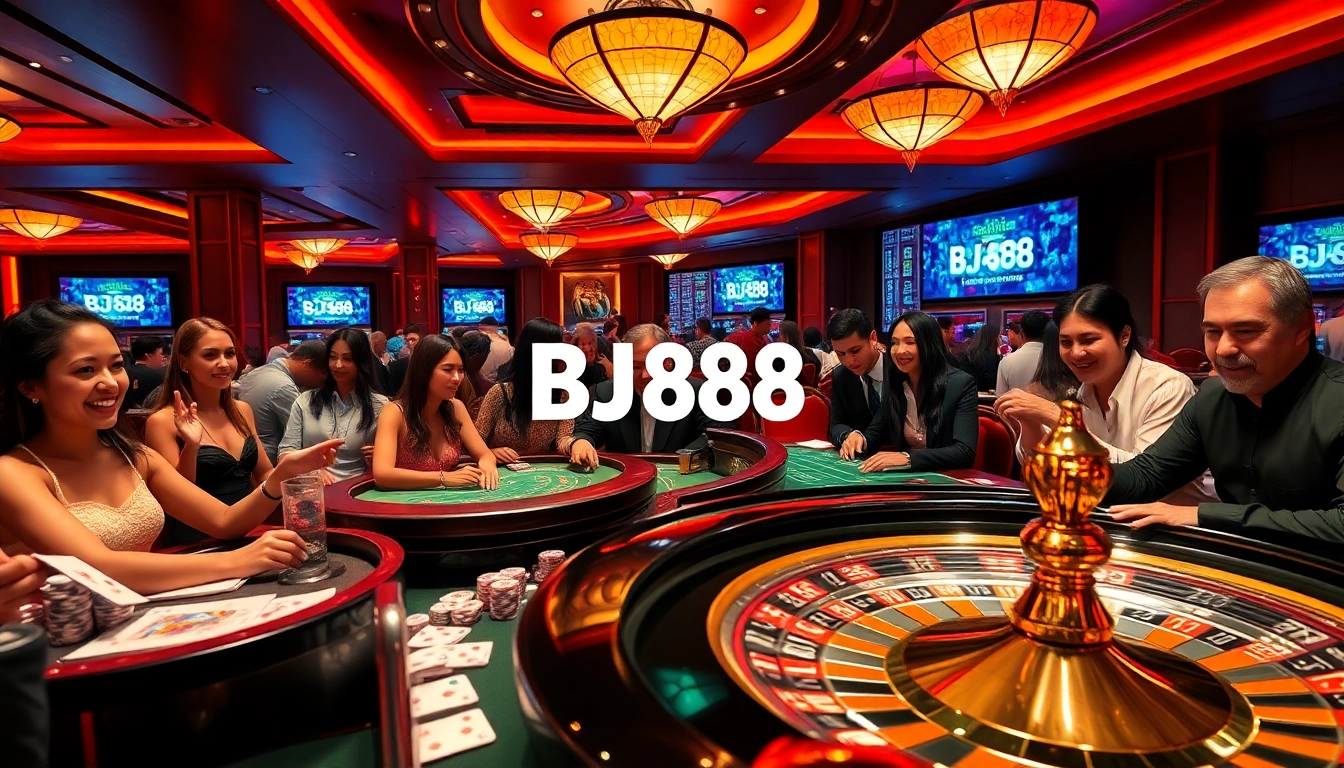 Experience the excitement of Trang Chủ BJ88 at a luxurious casino table, featuring poker chips and cards.