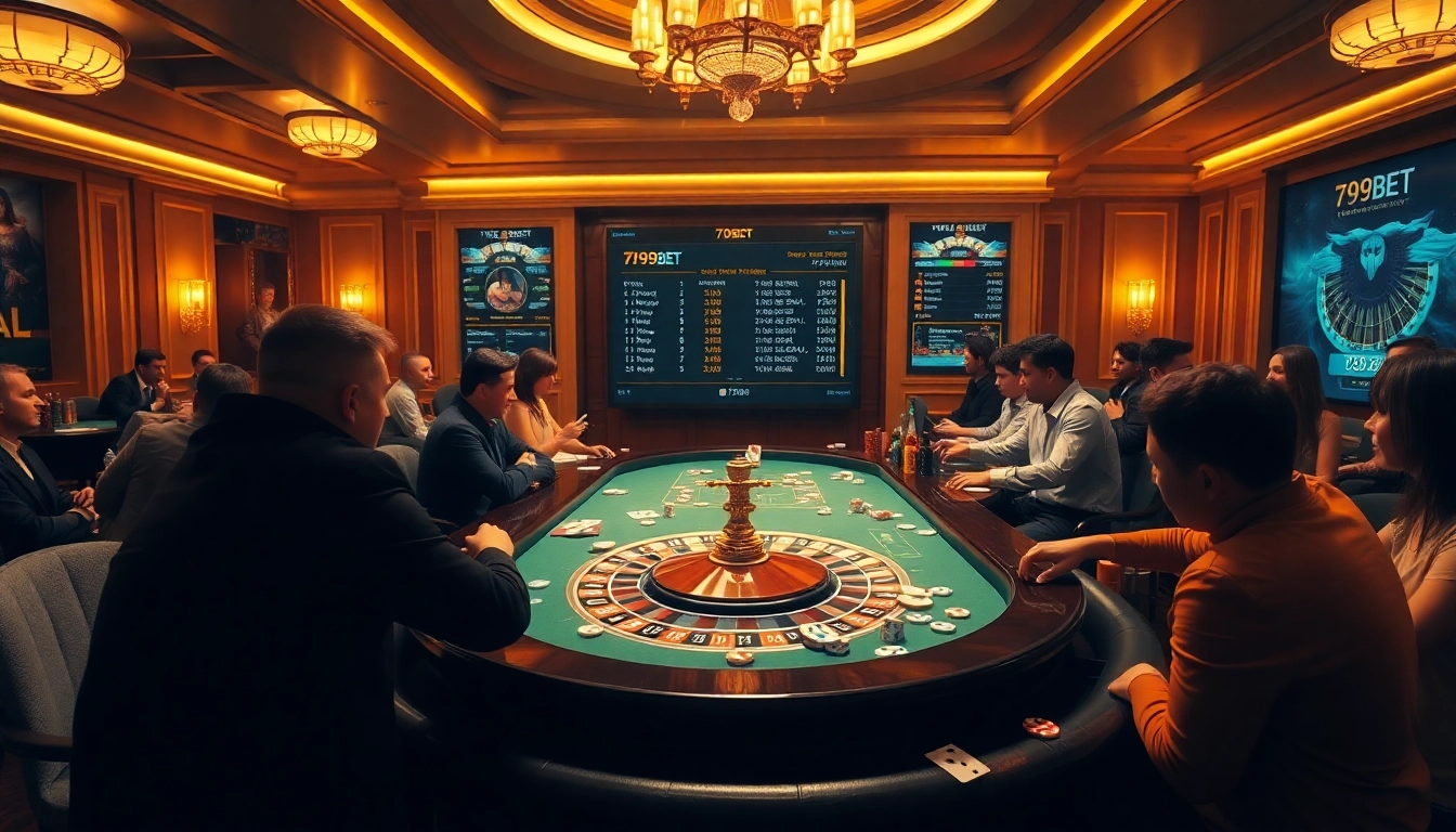 Engage in thrilling casino action at https://789betai.online/ with players at a vibrant roulette and poker table.