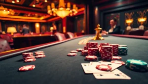 Engage with exciting poker action at a lavish casino table featuring 's8' themed poker chips and vibrant decor.