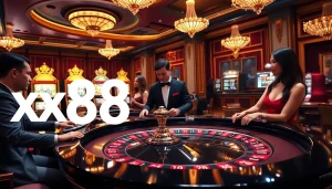 Experience vibrant gameplay at xx88 casino with active players and a luxurious roulette table.