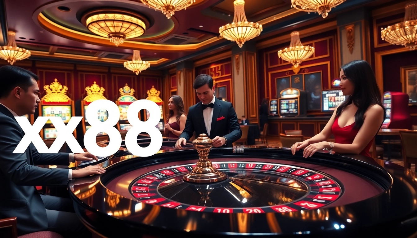 Experience vibrant gameplay at xx88 casino with active players and a luxurious roulette table.