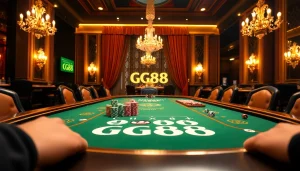 Experience the thrilling GG88 poker game with vibrant chips and elegant casino setting.
