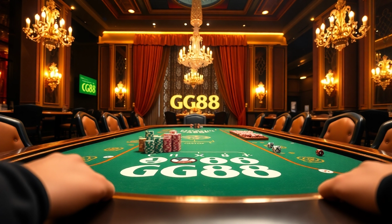 Experience the thrilling GG88 poker game with vibrant chips and elegant casino setting.