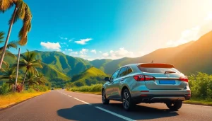 Experience car hire in Kuching with a scenic view of a rental car on a road surrounded by lush hills and palm trees.