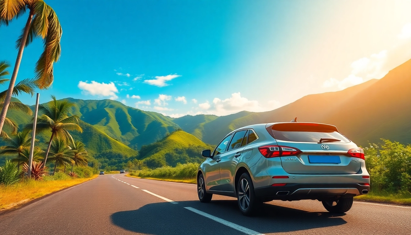 Experience car hire in Kuching with a scenic view of a rental car on a road surrounded by lush hills and palm trees.