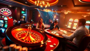 Thrilling gaming action at MM88 casino with vibrant roulette, poker tables, and slot machines.