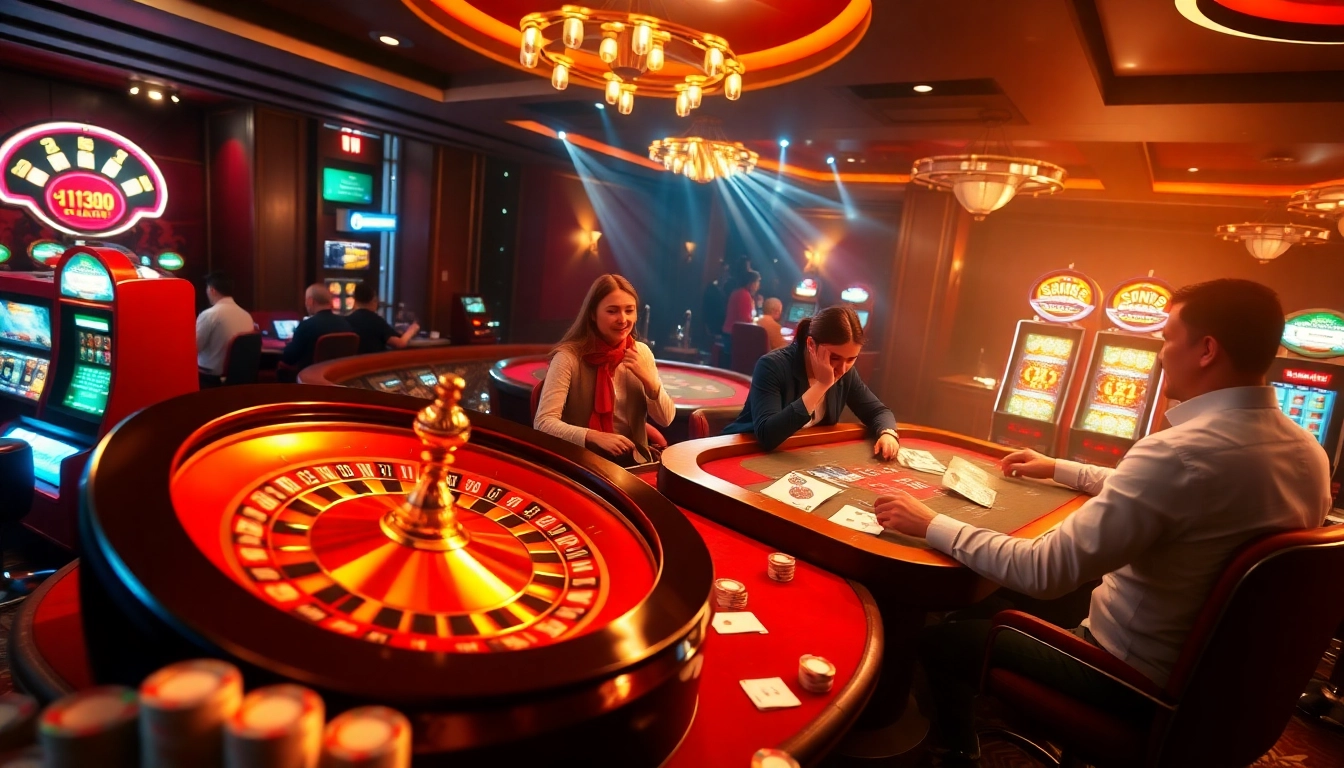 Thrilling gaming action at MM88 casino with vibrant roulette, poker tables, and slot machines.