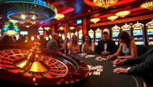 Exciting casino scene with 52WIN theme showcasing poker chips, cards, and a roulette wheel.
