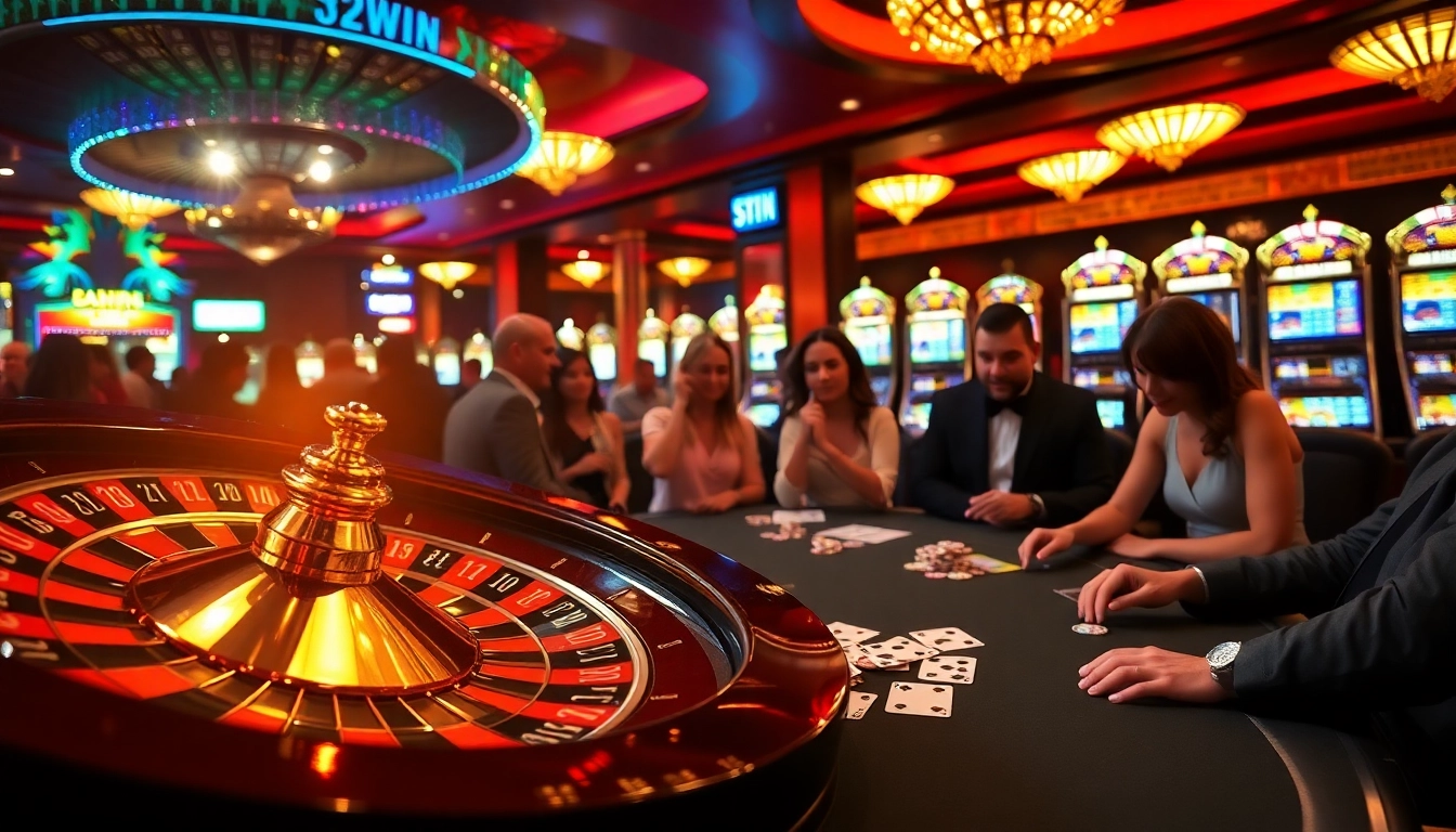 Exciting casino scene with 52WIN theme showcasing poker chips, cards, and a roulette wheel.