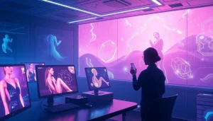 Innovative 'porn ai' technology in a high-tech digital workspace with AI interfaces.