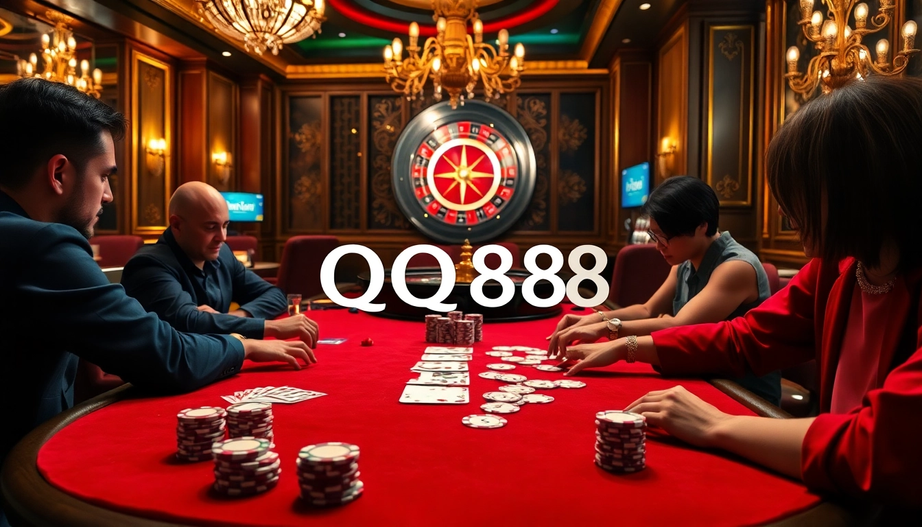 High-stakes poker table showcasing QQ888 with vibrant chips and cards in play.