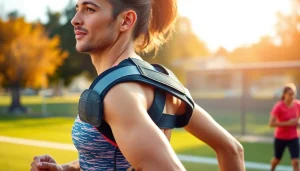 The best double shoulder support brace worn by an athlete during an outdoor training session, showcasing comfort and mobility.