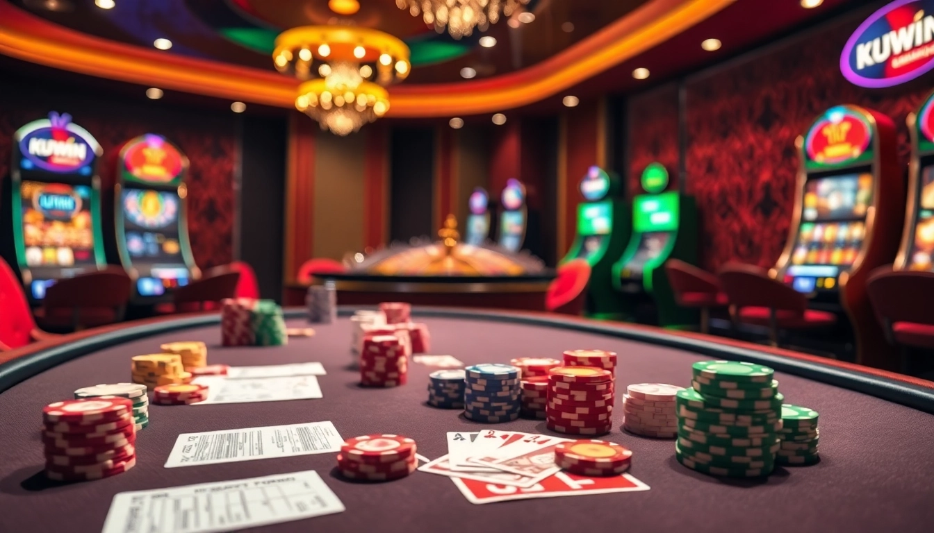 Kuwin casino players enjoying a vibrant poker game with chips, cards, and a roulette wheel.