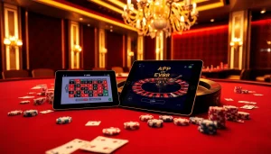 Experience the excitement of gambling with the App EV88 interface on luxurious casino tables filled with cards and chips.