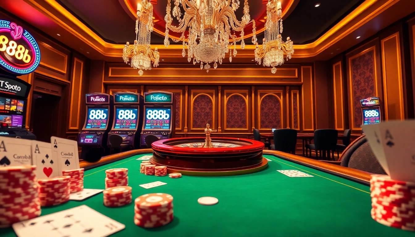 Experience thrilling gameplay at an 888b casino table with vibrant poker chips and roulette.