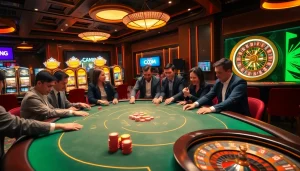 Engaging players enjoying games at W88.COM casino with vibrant poker tables and slot machines.