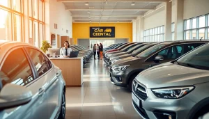 Experience renting a car in Moldova with a vibrant car rental office scene featuring diverse vehicles and friendly service.