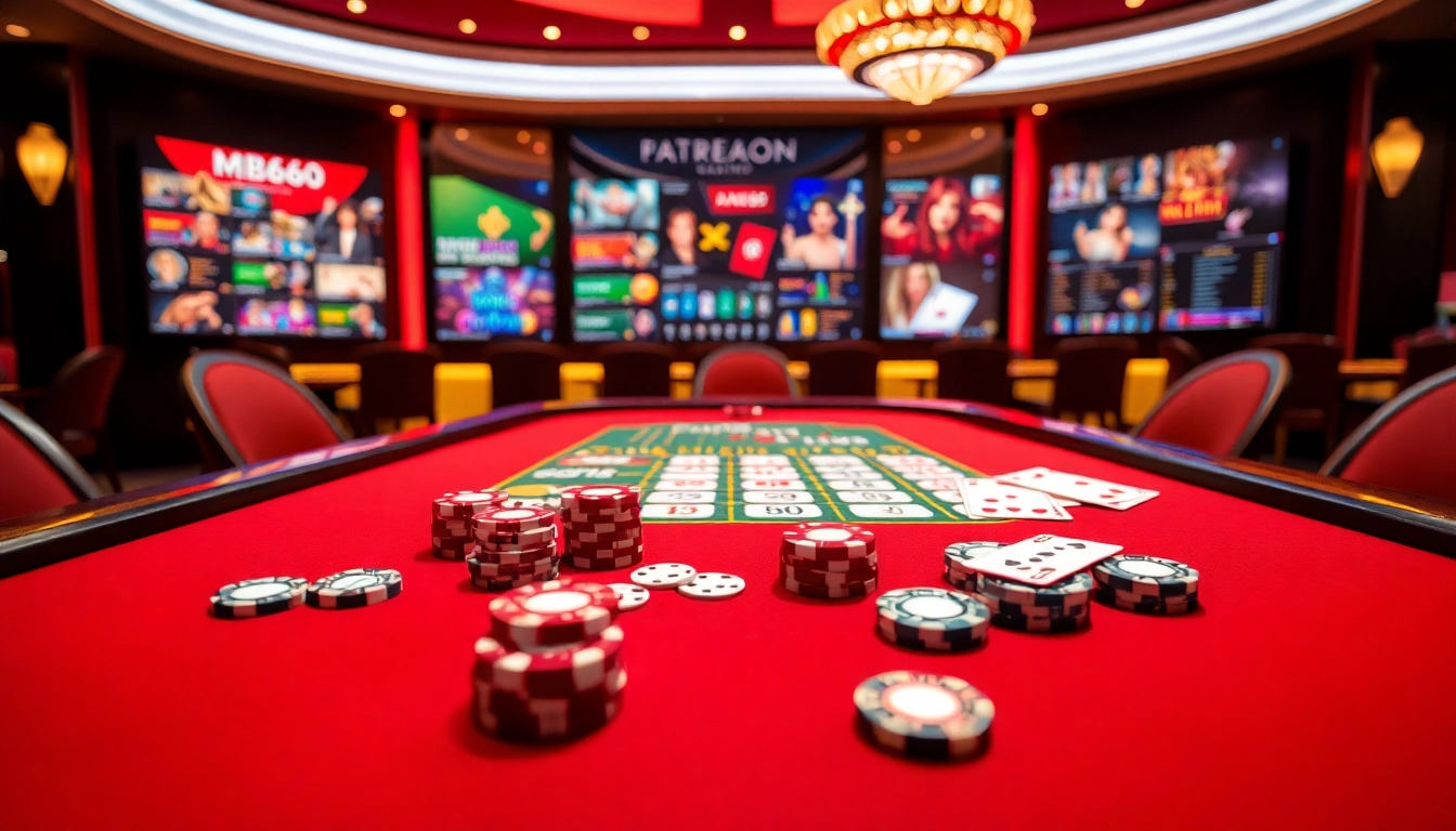 Exciting casino scene featuring colorful chips and cards representing gameplay on https://mb66-t.com/.