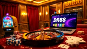 Experience the thrill of online gambling with DR88's luxurious casino scene featuring roulette and poker chips.