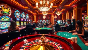 Engaging scene of a bustling casino showcasing KJC MARKETING's vibrant atmosphere with poker and roulette.