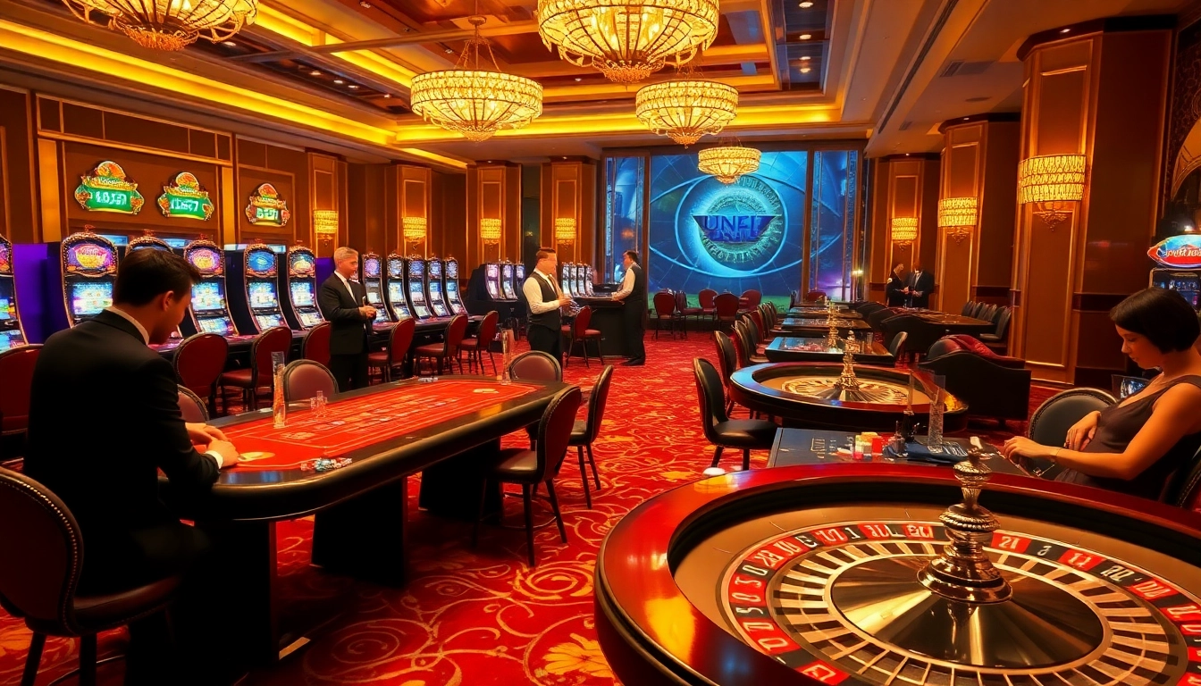 A dynamic casino experience at https://thabet.vegas/ featuring elegant poker tables, vibrant slot machines, and thrilling gameplay.