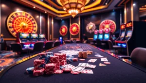 KJC players strategize at a luxurious casino table filled with exciting poker chips and cards.