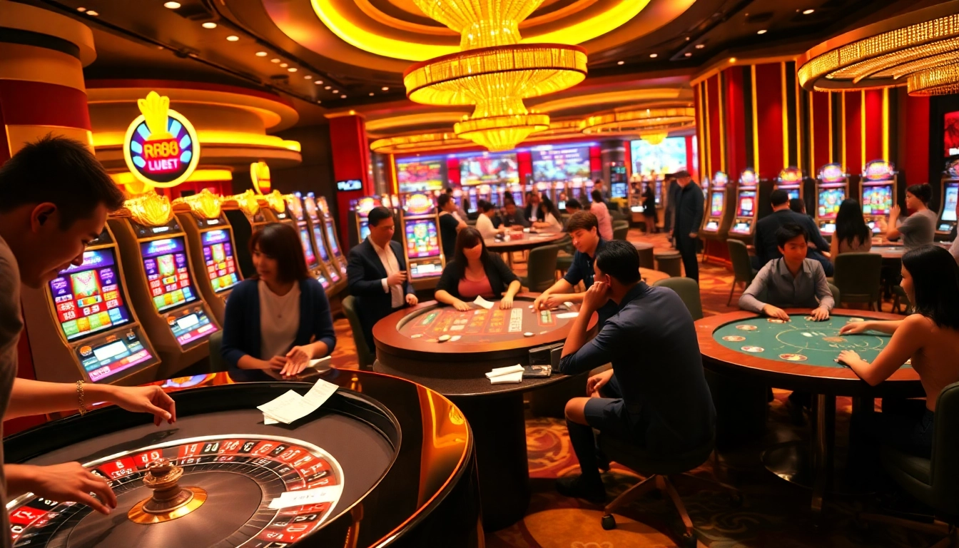 Players winning at tables featuring RR88 branding in a luxurious casino setting.